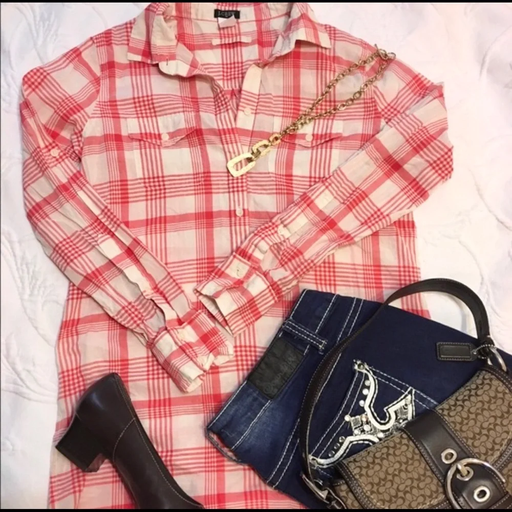J.Crew Red White Plaid Pullover Shirt Long Sleeve Half Button Front Top XS